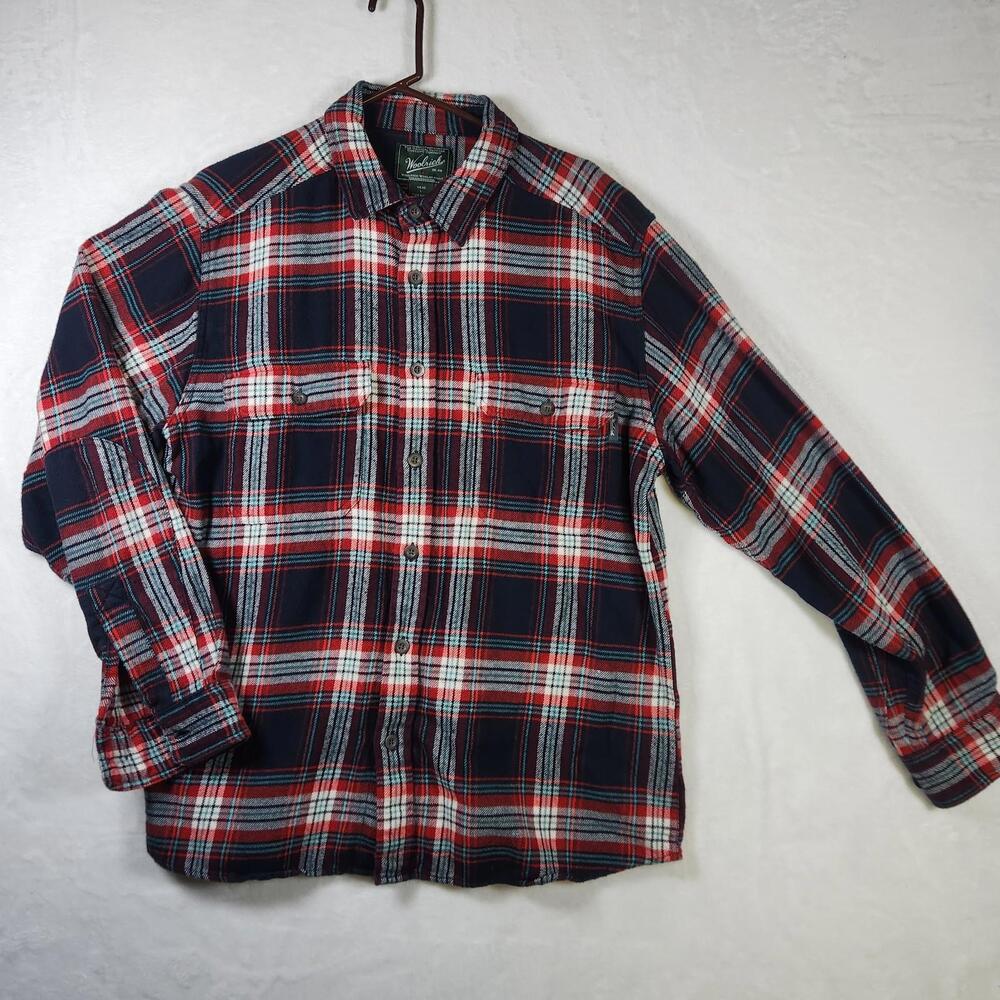 Vtg Woolrich Mens L Flannel Shirt‎ Red Navy Plaid Outdoor Heavyweight Workwear